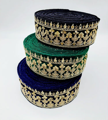 Floral Embroidered Sequins Velvet Trim Indian Sari Border, Sequin Trimming, Sequinned Lace
